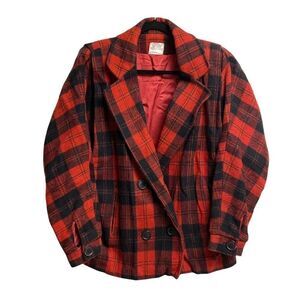 WOOL Plaid Double Breasted Fall Winter Jacket Red Black M